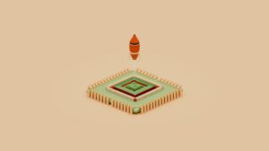 A rocket launches from a cube-shaped base.
