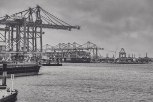 Industrial shipping port with large cranes and ships