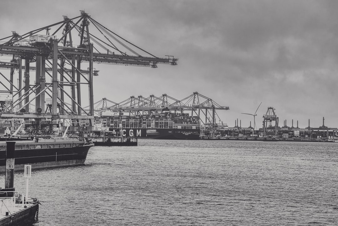 Industrial shipping port with large cranes and ships