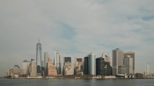 New york city skyline with one world trade center prominent.