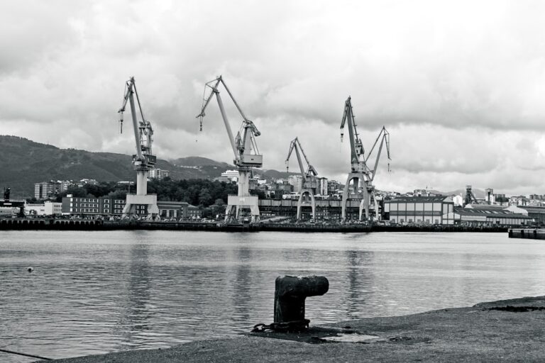 Industrial harbor with large cranes and calm water