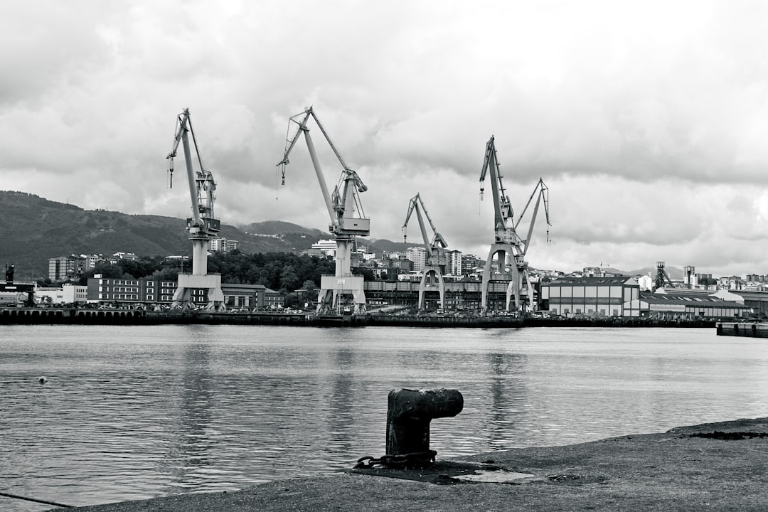 Industrial harbor with large cranes and calm water