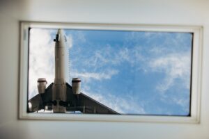 a window with a rocket on it