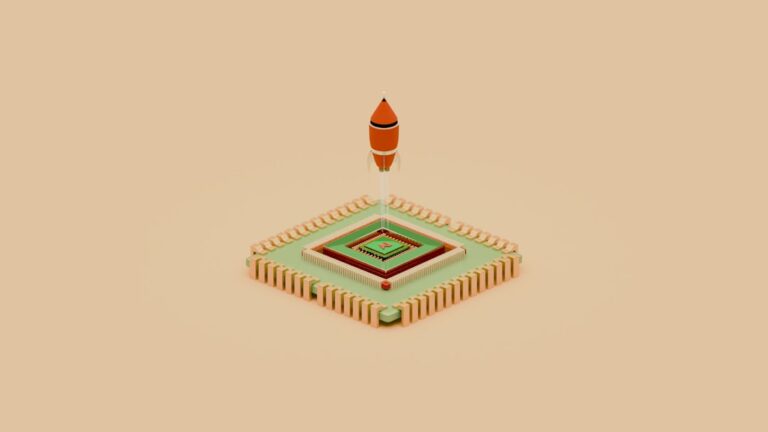 A rocket launches from a cube-shaped base.