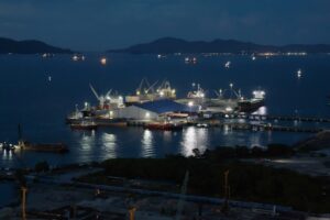 Ships docked at a brightly lit industrial port at night.