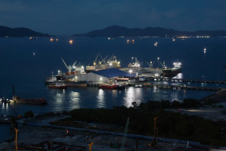 Ships docked at a brightly lit industrial port at night.