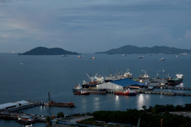 Ships docked at a harbor with islands in the distance.