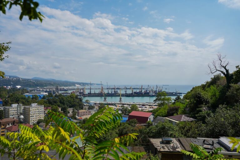 Port city with cranes and ships on the water.