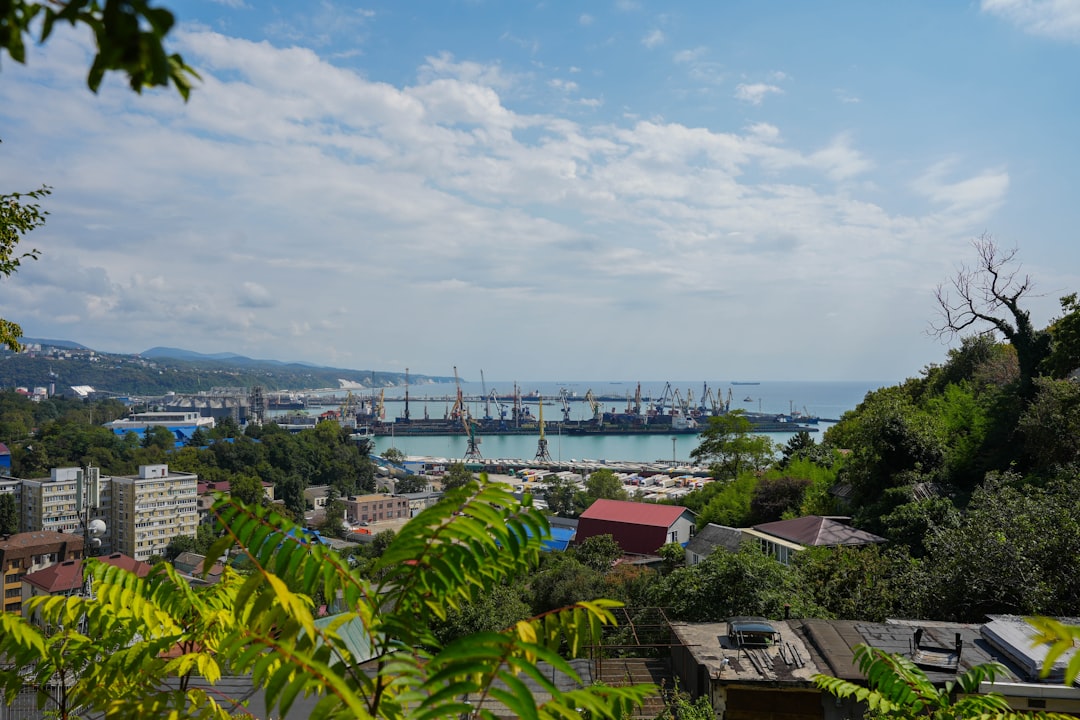 Port city with cranes and ships on the water.