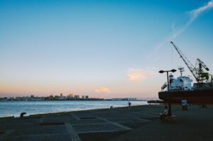 Harbor with cranes and city skyline at dusk.