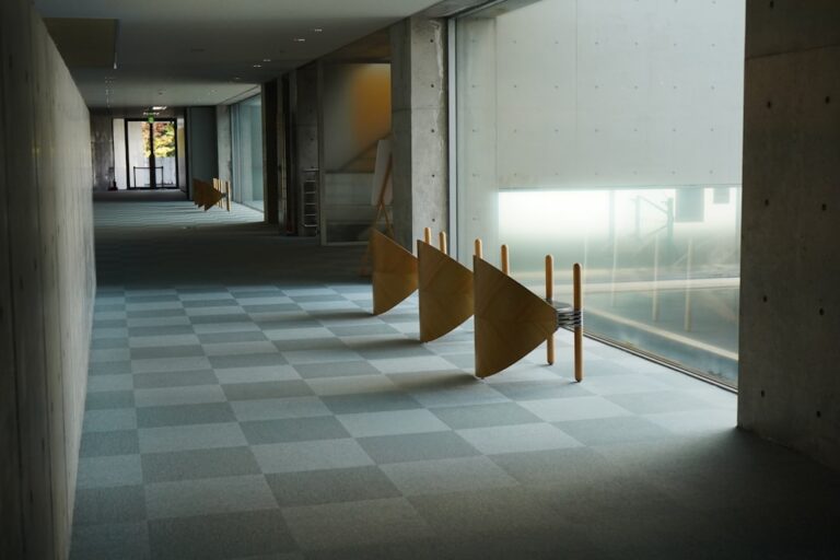 Modern hallway with geometric art installations