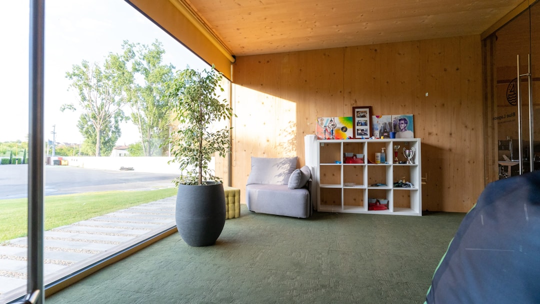 a living room with a couch and a book shelf