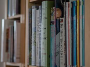 A bookshelf filled with various books
