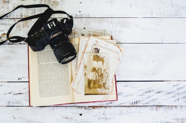 An open book with a camera on top of it