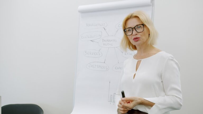 Blonde woman in glasses presenting near flip chart