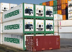 Stacked shipping containers at a port