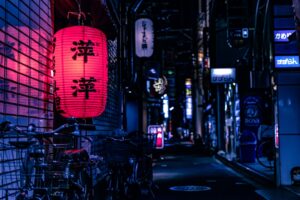 Japanese lantern over city bike at nighttime