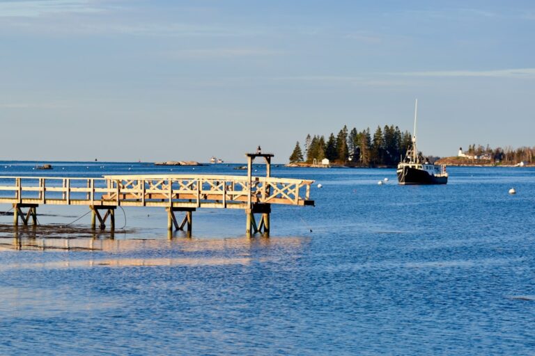 a dock with a boat in the water
