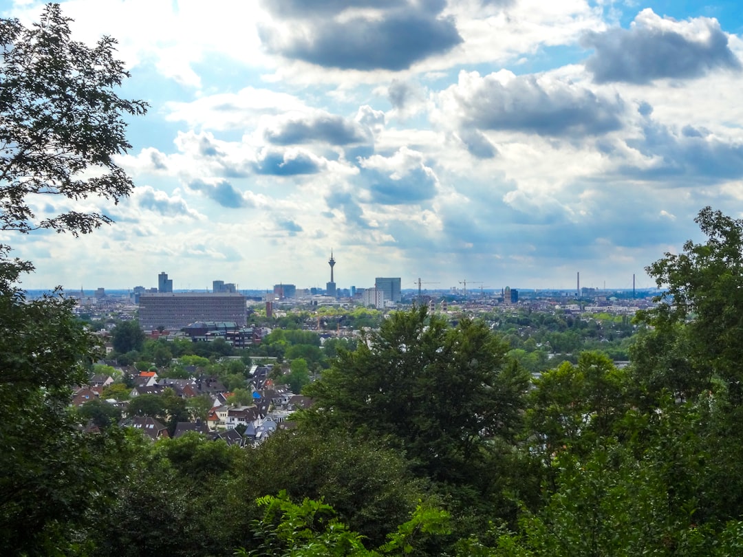 City skyline seen through green trees under cloudy sky