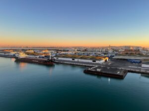 Cargo ships docked at a port during sunrise.