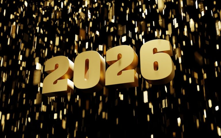 Golden 2026 numerals with falling confetti