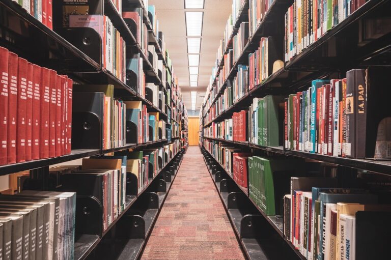 a long row of books in a library