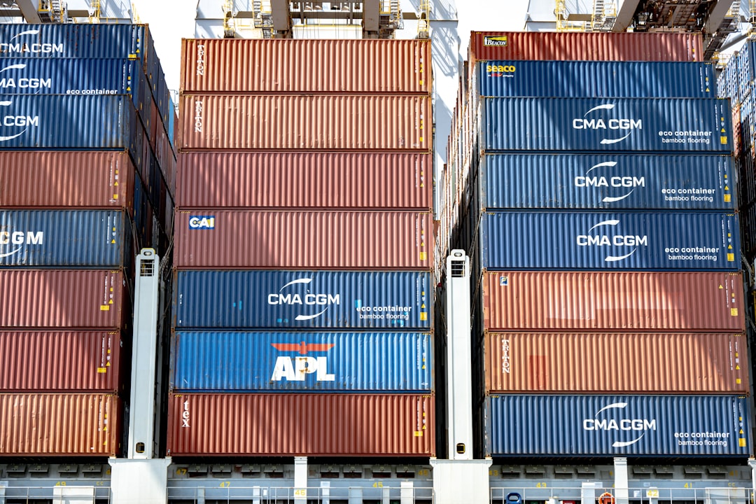 Stacked blue and red shipping containers on a cargo ship.