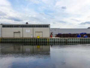 Industrial warehouse building by the water
