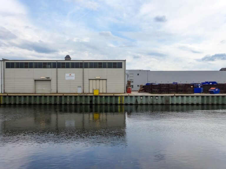 Industrial warehouse building by the water