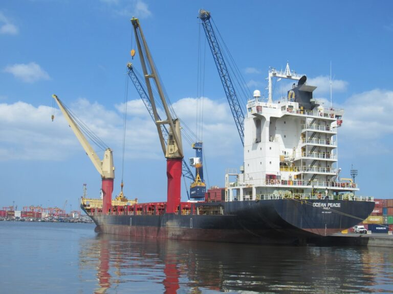 Cargo ship with cranes docked at a busy port.