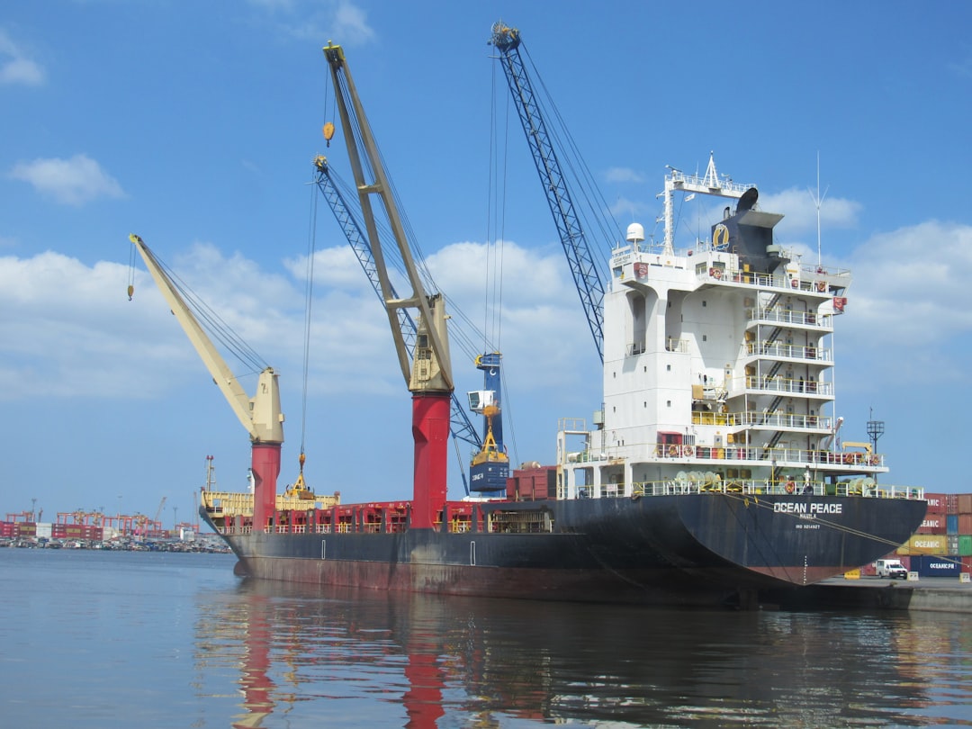 Cargo ship with cranes docked at a busy port.