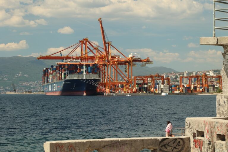 Large cargo ship docked at a busy port with cranes.