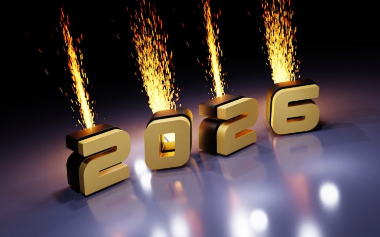 Golden 2026 numbers with fireworks erupting