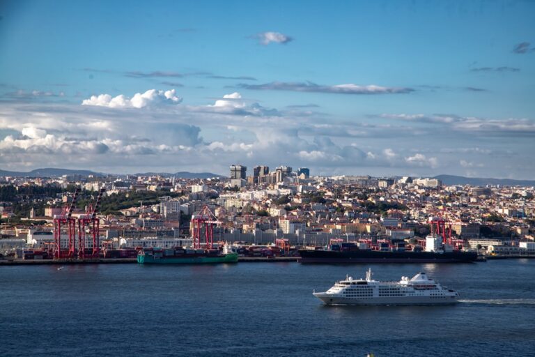 A city skyline overlooks a busy port with ships.