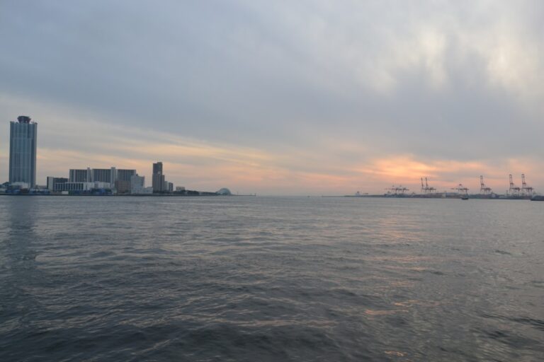 City skyline with cranes across the water at sunset