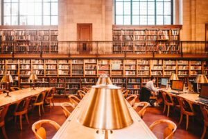 man sitting on chair inside library