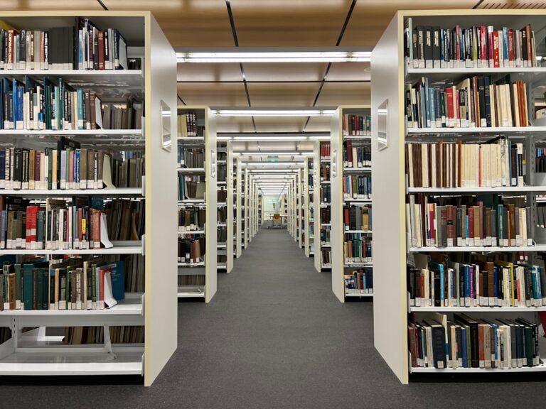 a library with books on shelves