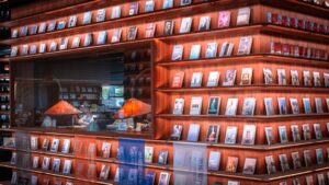 Bookshelves filled with books and a cozy reading nook.