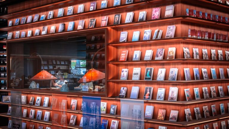 Bookshelves filled with books and a cozy reading nook.