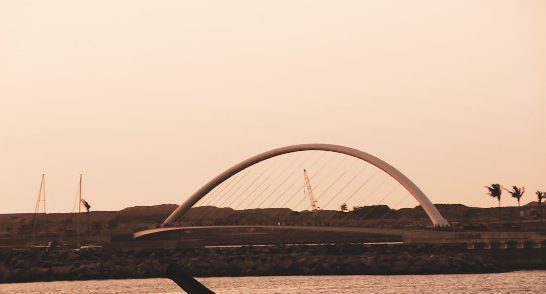 a person on a surfboard in front of a bridge