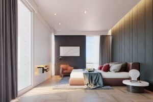Modern bedroom with large windows and a comfortable bed.
