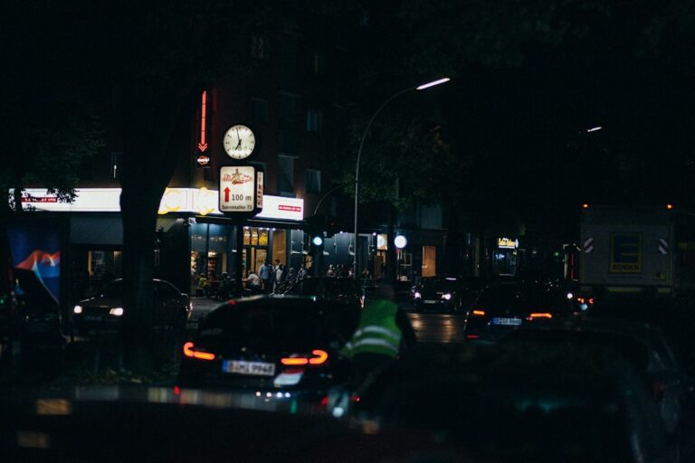 a busy street at night